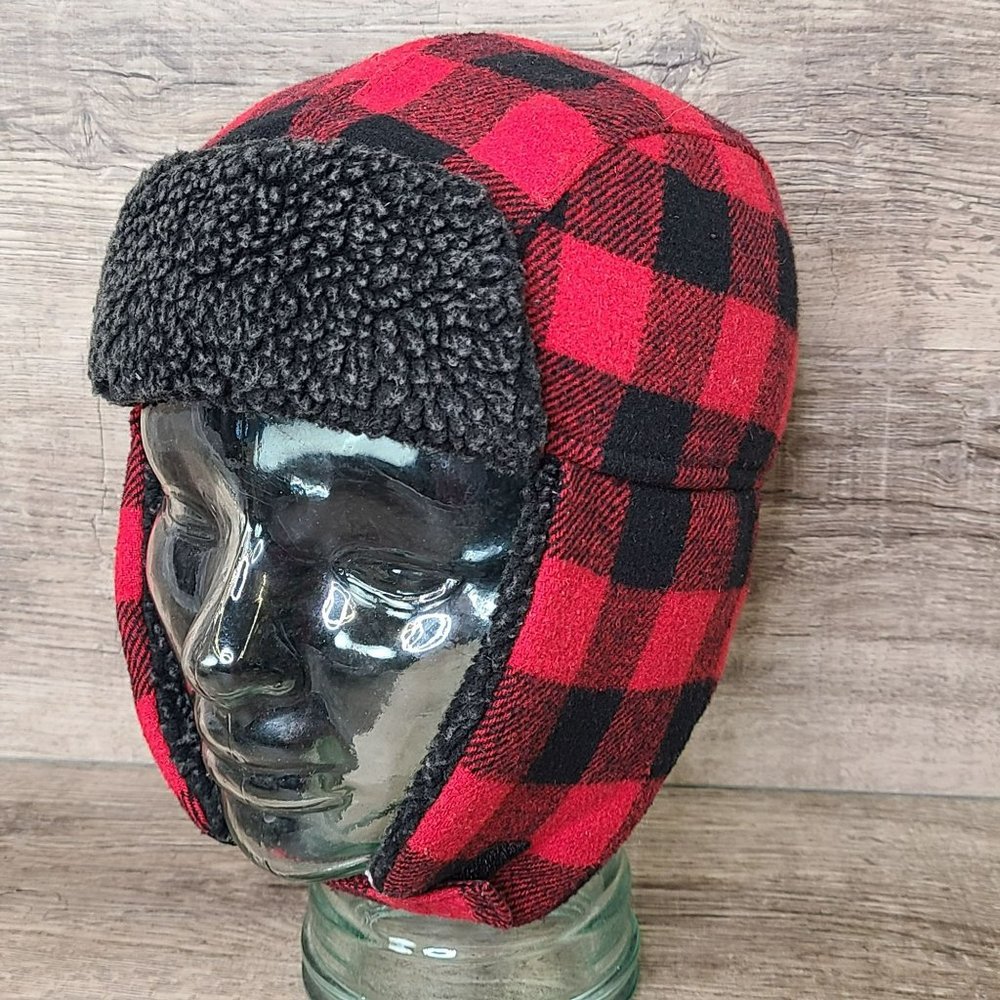 Joe Boxer OSFM Red Buffalo Check Plaid Fleece Trapper Hat Ear Flaps  Chin Strap
